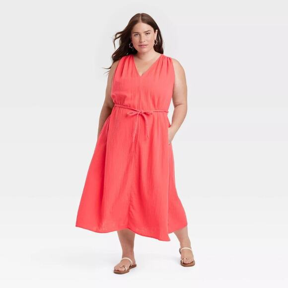 Universal Thread Dresses & Skirts - Universal Thread Women's Belted Gauze Midi A Line Dress Coral Red Size 3X